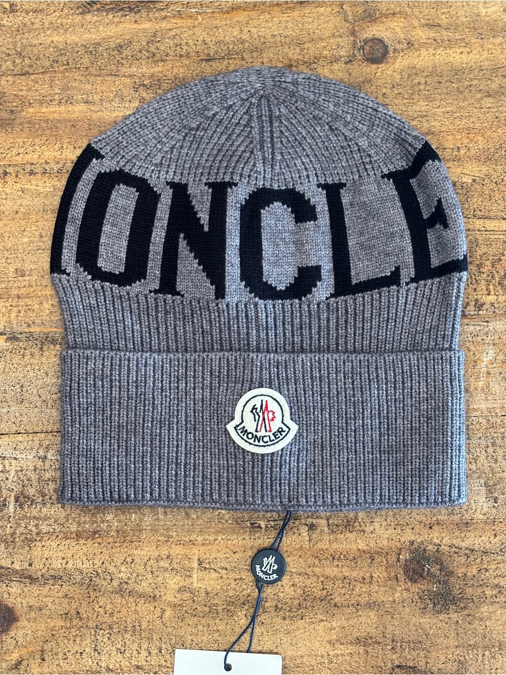 Moncler Gray and Black Logo Knit Beanie